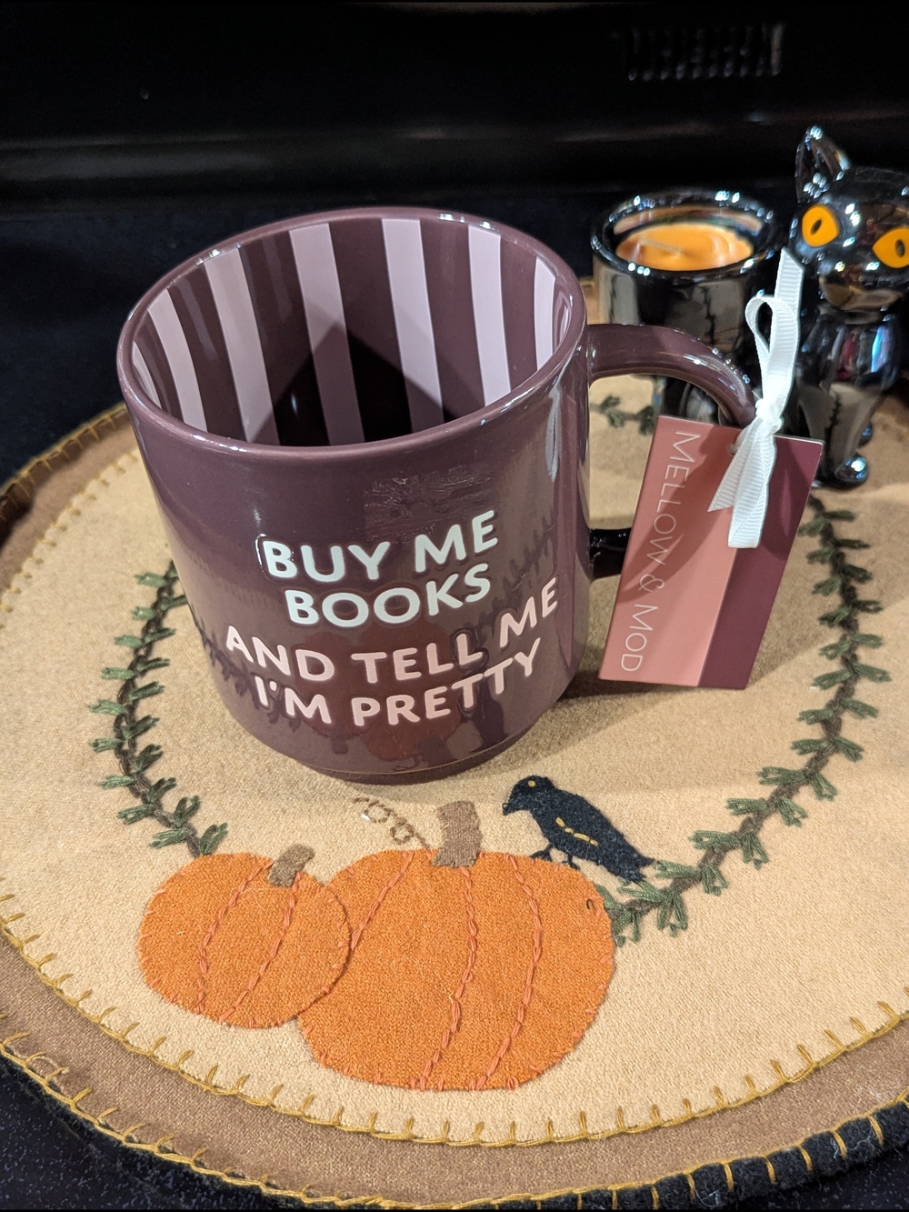 Mello & Mod Plum Color Coffee Cup 'Buy Me Books & Tell Me I'm Pretty' Ceramic
